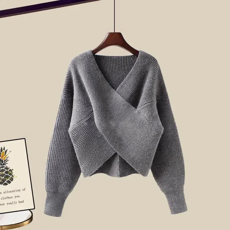 Solid V-neck Sweater Dress Women Autumn Suit Women Korean Fashion Red Sweater Mid-length Knitted Skirt Two-piece Set 240823