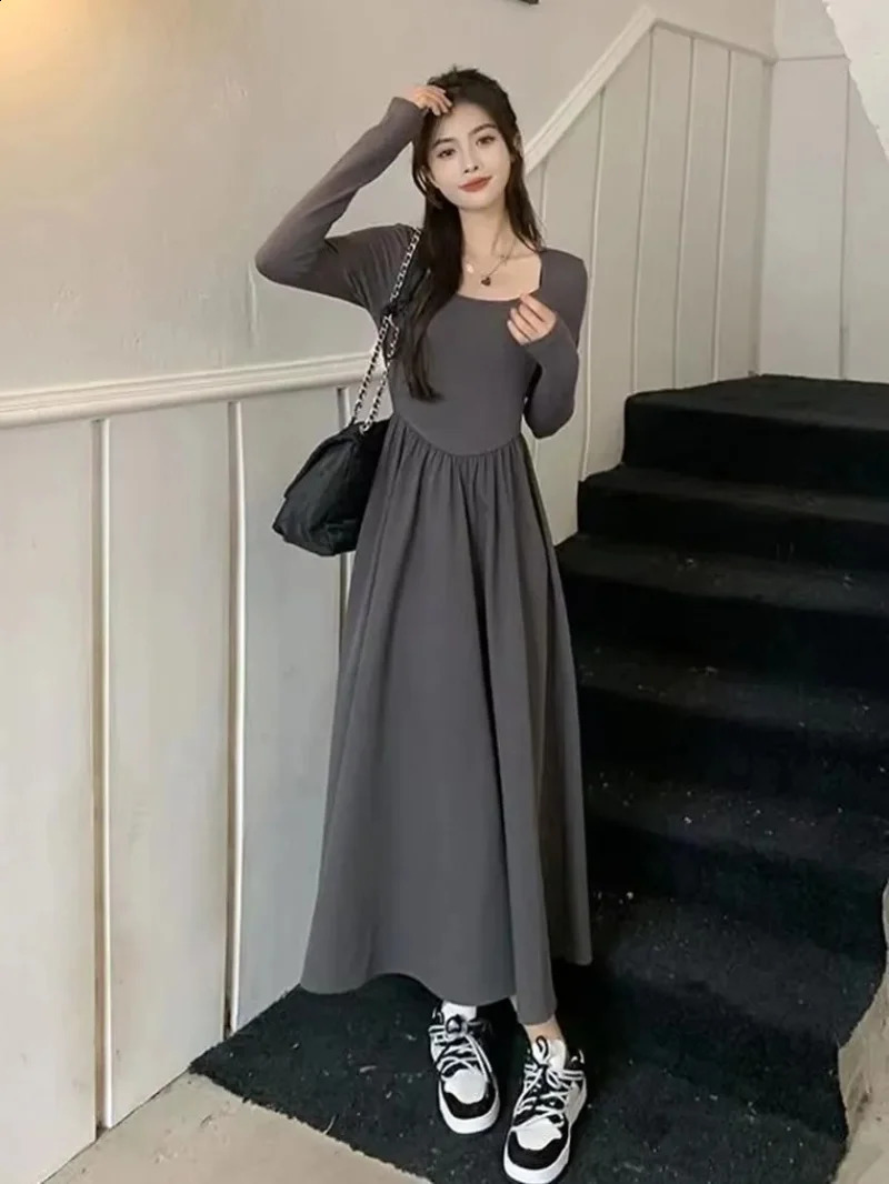 Women Casual Solid Dress Fall Winter Elegant Office Lady Dress Sexy Square Collar Long Sleeve High Waist Bodycon Party Dress 240823