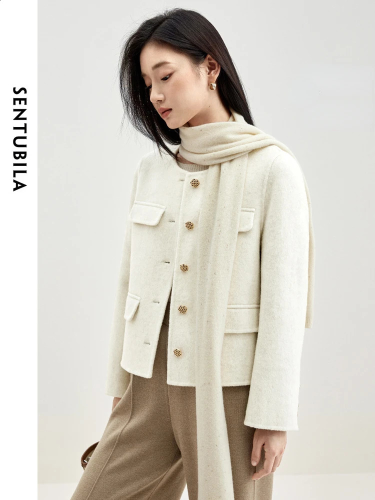 SENTUBILA Women Woolen Cropped Jacket Elegant Wool Blend Short Winter Coat Long Sleeve Double-faced Outerwear W34O49414 240822