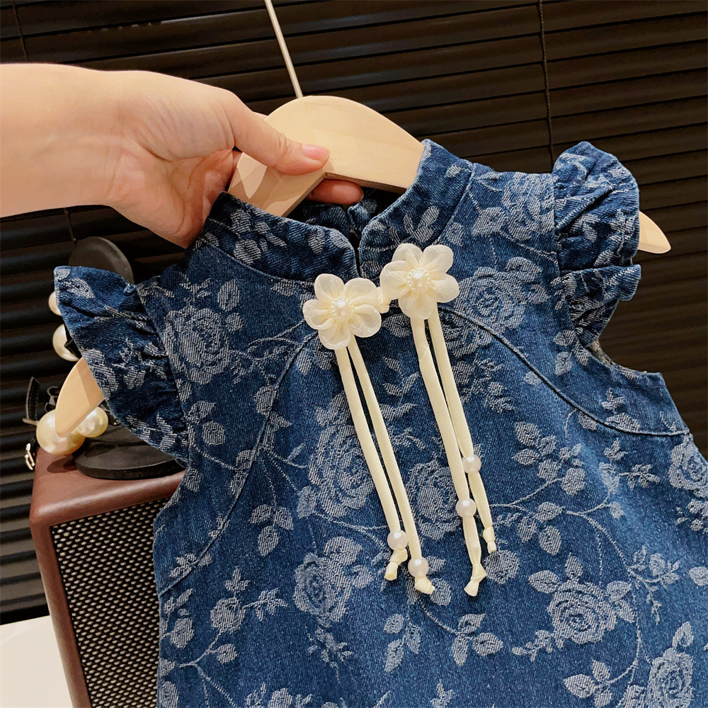 New Girl's National Style wer Jacquard Chinese Knot Button Flying Sleeves Princess Qipao 2024 Summer Dress F32-08.23