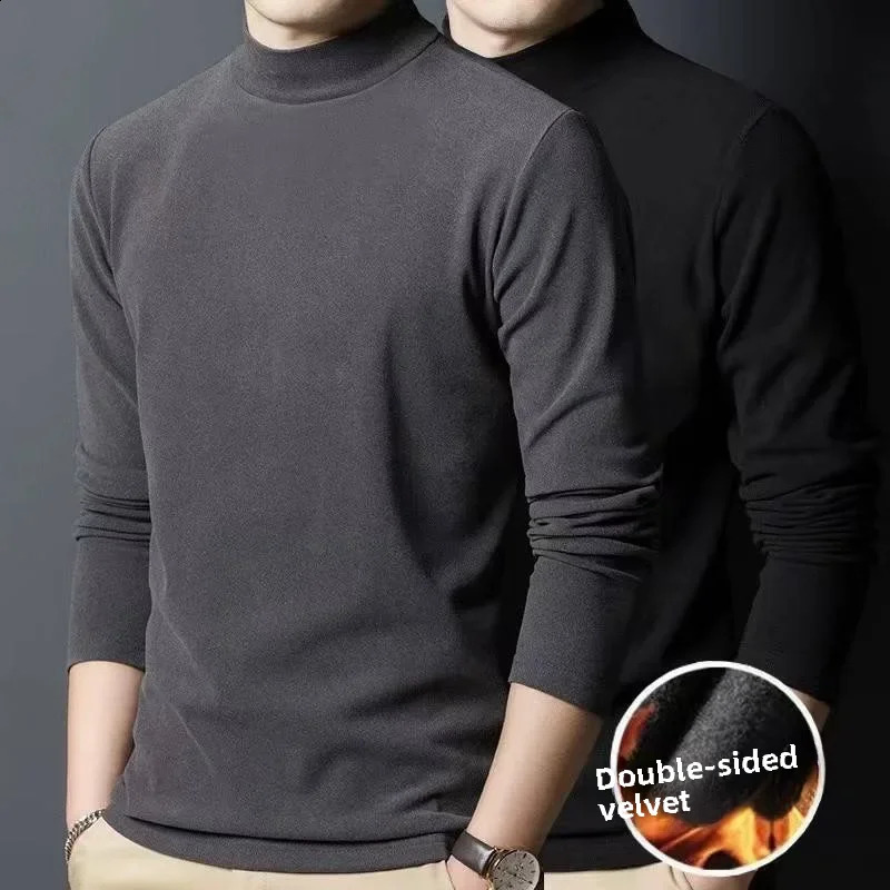 Double sided wool half poloturtle neck bottom Tshirt mens thick top solid color long sleeved interior warm 240823