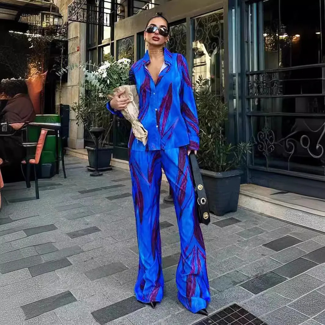 Women Two Piece Set Suit Tie-dye Print Long Sleeve Lapel ShirtElastic Waist Casual Wide Leg Pants Fashion Street Loose Outfits 240822