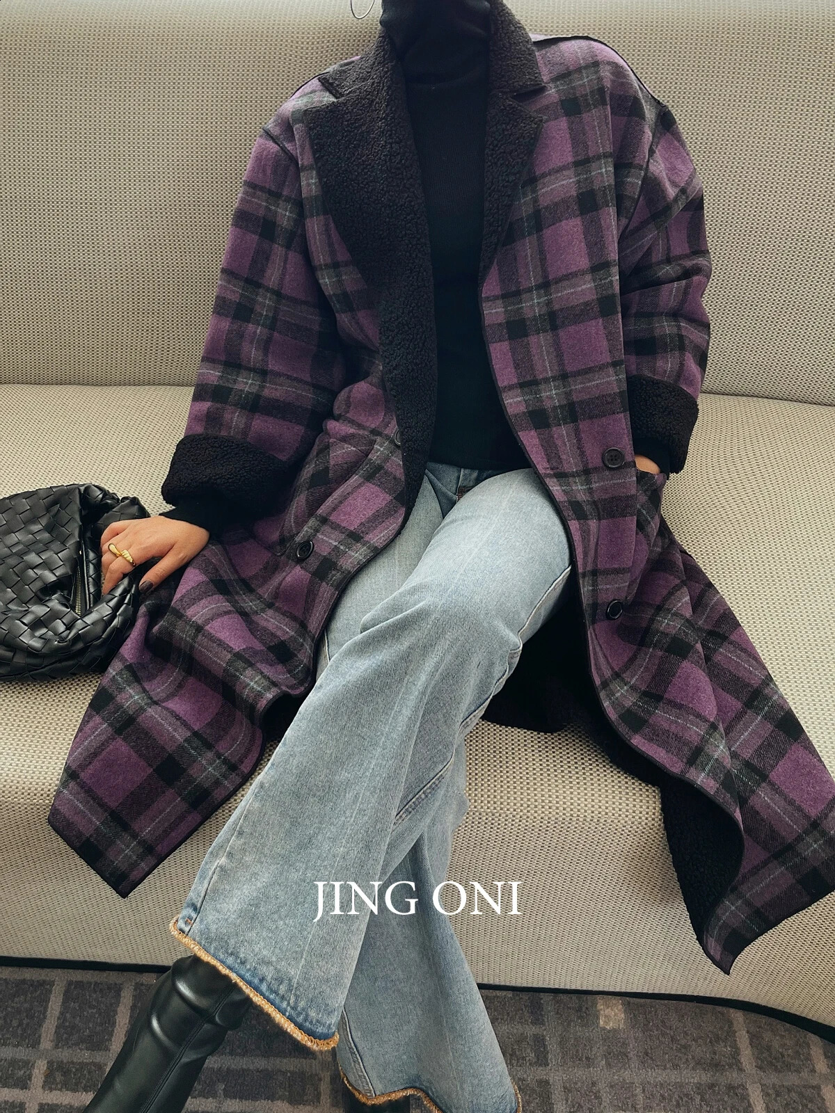 Woman Oem Plaid Woolen Tweed Fur Teddy Reversible Blazers Long Jackets Coats Clothes Korean Fashion Tops Winter Trench 240822
