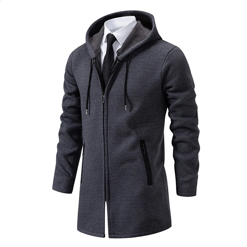 Mens Long Cardigan Full Zip Trench Coat Thick Fleece Hooded Jacket Cardigans Coats Japanese Korean Style Man Clothes 240822