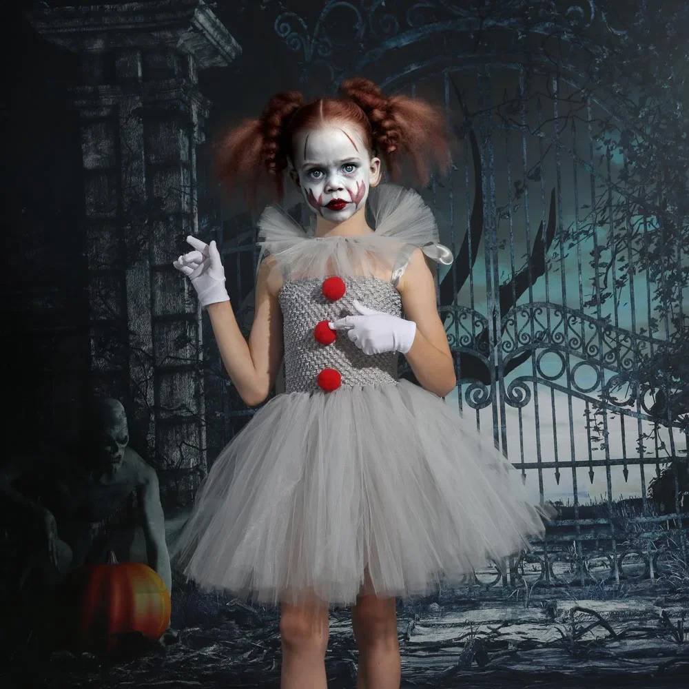 Stephen Kings It Girl Halloween Costume Childrens Clothing Grid Princess Dress Set Role Playing Performance Wearing Gloves 240823