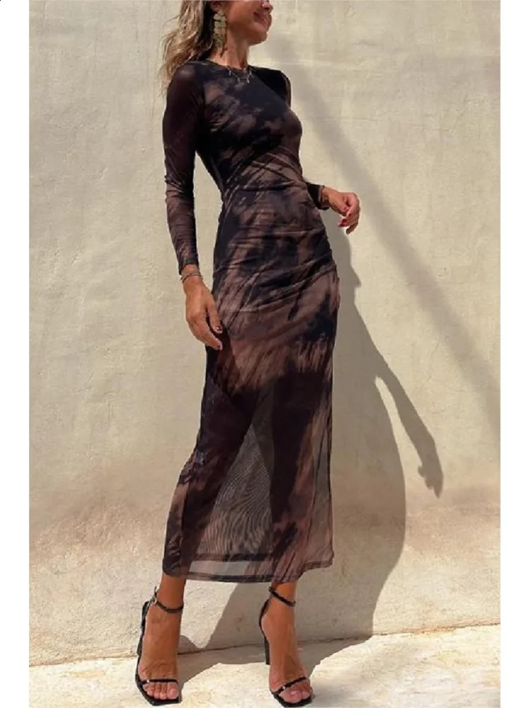 Sexy Mesh Dress For Women Spring Fashion Autumn Long Sleeve Print Dresses Simple Lace Slim Stretch Party Nightclub Dress 240823