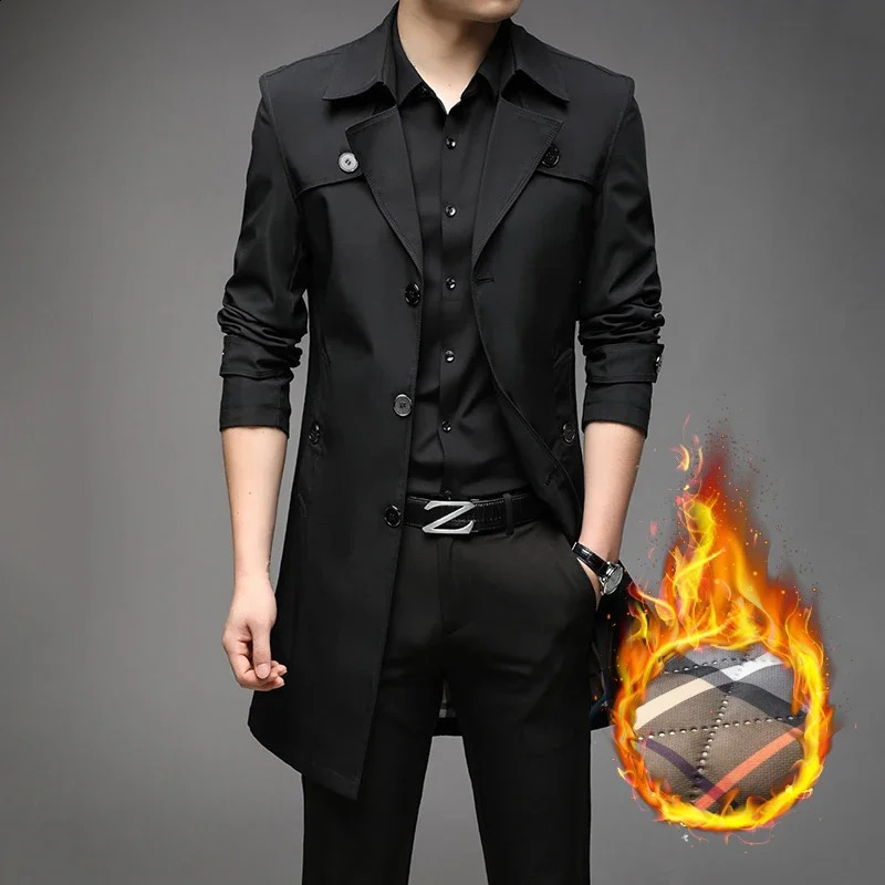 Autumn Spring Winter High Quality Medium Long Trench Coat with Cotton Thickened Mens Suit Collar Young Casual Mens Wear 240822