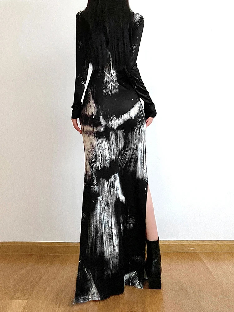 IAMSURE Slim Hollow Out Printed Split Dress Holiday Sexy V-Neck Long Sleeve Maxi Dresses For Women Autumn Spring Ladies 240823