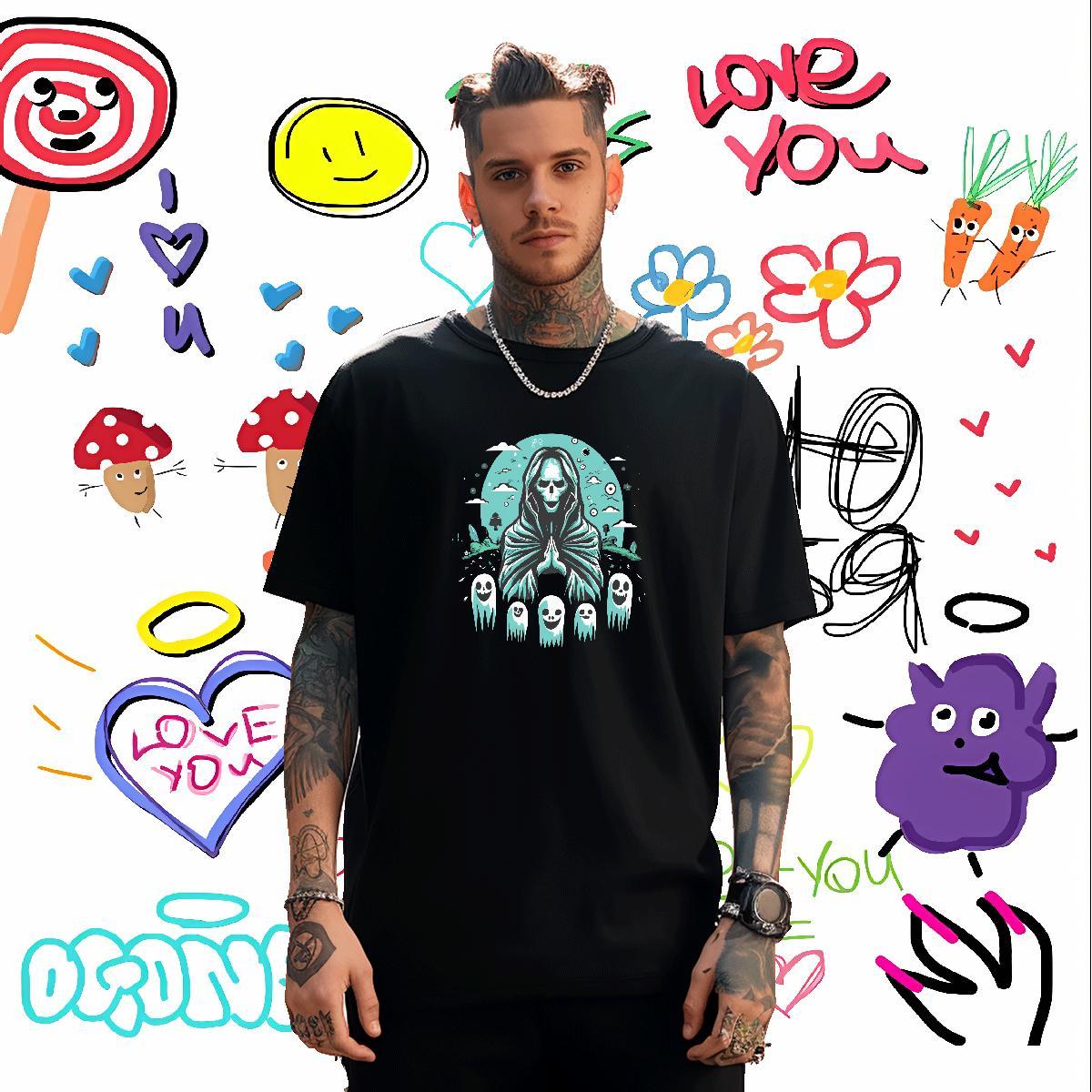 Loose Man T Shirts 230g Pure Cotton skull High Street Hip Hop Oversized Round Neck Short Sleeve Men Clothes T-Shirt Fashion Designer Tops Shirt
