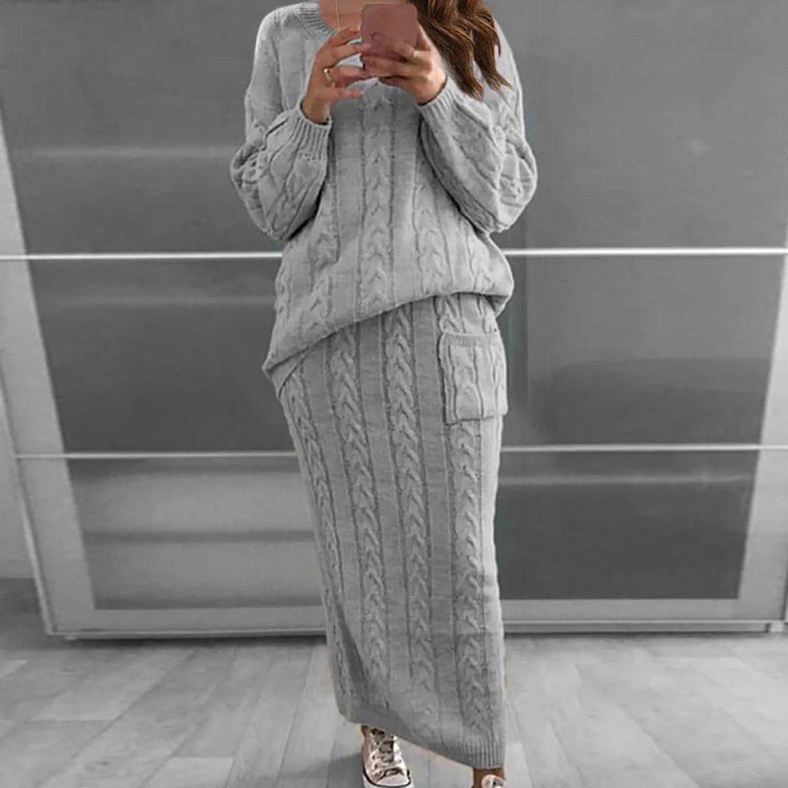 Womens Spring Loose Long Sleeve O Neck Sweater Pullover Top High Waist Elastic Women Elegant Solid Slim A-Line long Skirt Set 240823