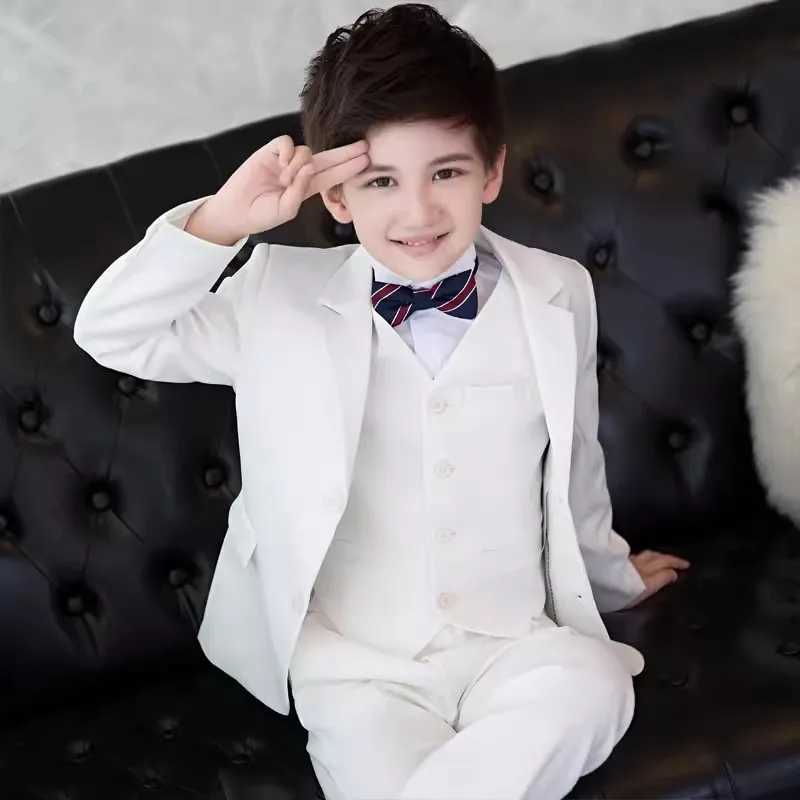 Childrens White Baptist Party Dress Childrens Jacket Vest Pants Tie Ceremony Photography Set Flower Boy Piano Performance Costume W240823