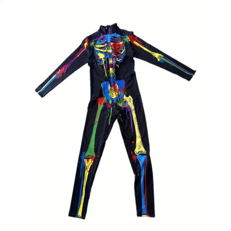 Womens Skeleton Fashion Clothing Color Printed Tight Clothes for Girls Sexy Halloween Role Playing Performance Costumes w240824