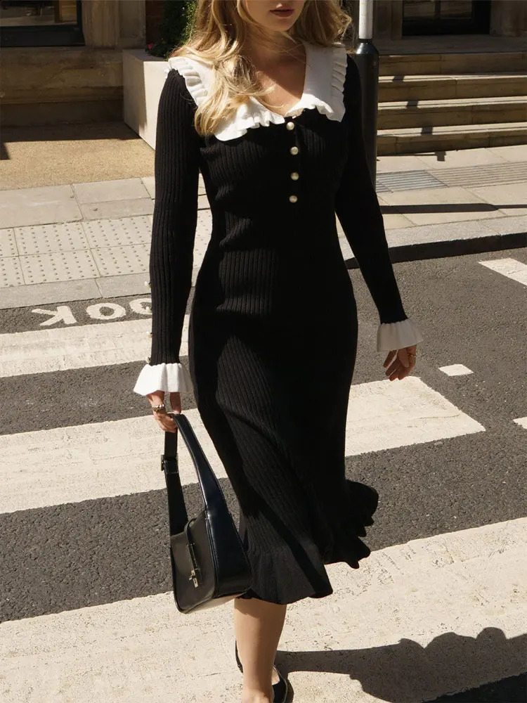 Elegant Women Ruffled Sweater Dress Ribbed Contrast Sexy Long Sleeve Button Slim Knitted Midi Dresses Vintage Party Vestido 240823