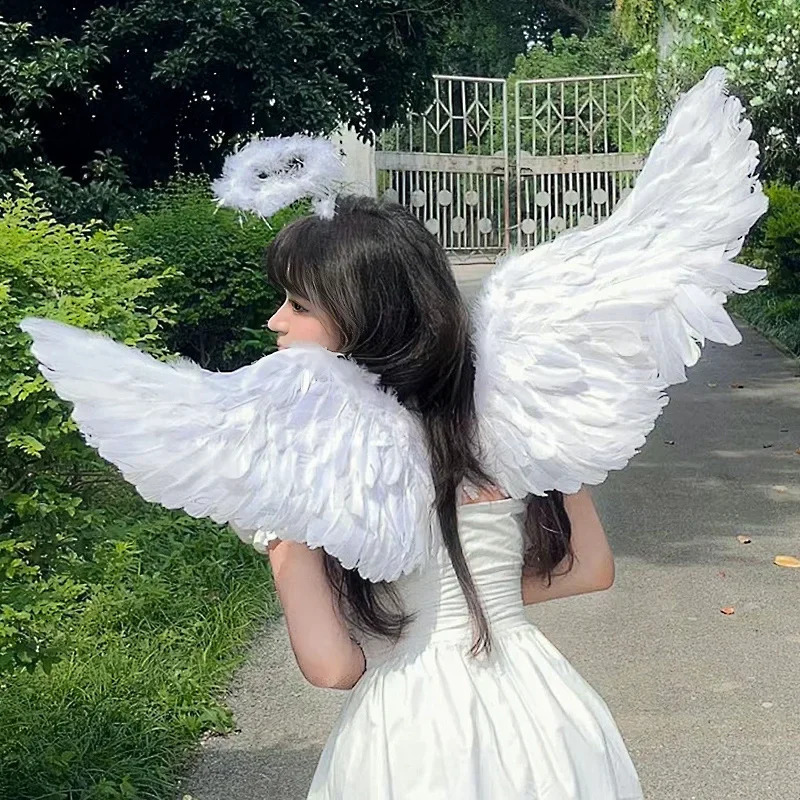 3PC Angel Wings and Halo Adult Feather Costume White Childrens Girls Halloween Role Playing w240824