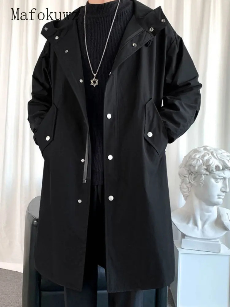 Mafokuwz Autumn Winter Windbreaker Men Long Safari Windbreaker Korean Trend Oversize Casual Coat Trendy Handsome Hooded Jacket 240822