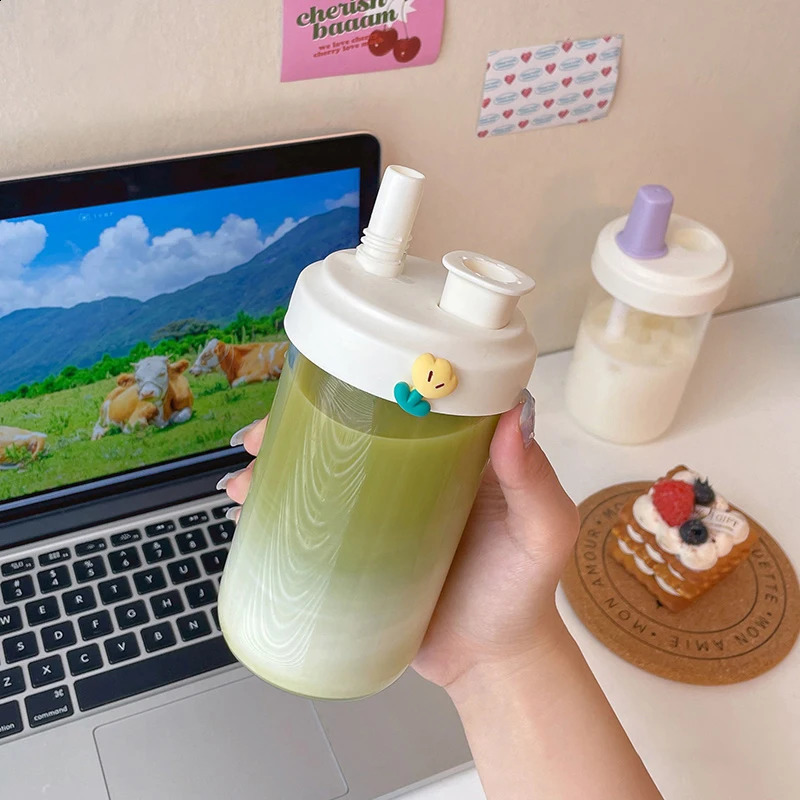 Cute Bubble Tea Kids Water Bottle Glass Plastic Coffee Boba Juice Milk Cups Girls Drinking Bottle With Straw Sticker BPA Free 240822