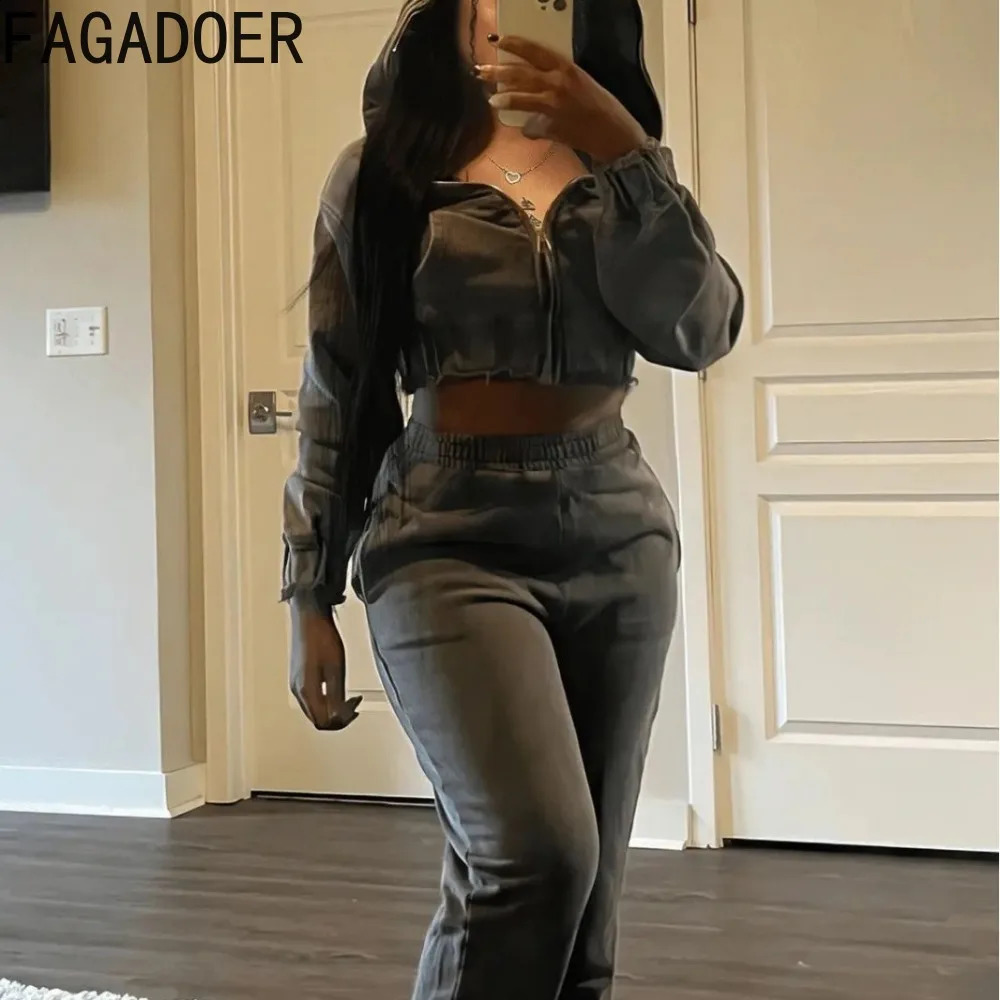 FAGADOER gray winter casual sports hooded twece set for women with zipper long sleeved crop top and pants track field clothes womens 240823