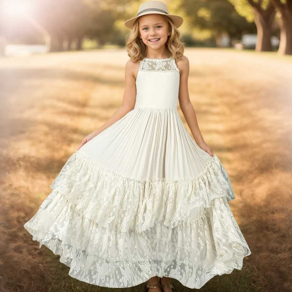 Plus size princess girl lace long dress baby children flower wedding Christmas party vest childrens clothing 3-15 years W240823
