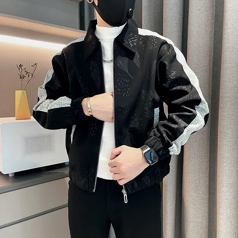 Trendy Mens Spring and Autumn Spliced Turn-down Collar Zipper Pocket Fashion Solid Loose Casual Long Sleeve Jackets 240822