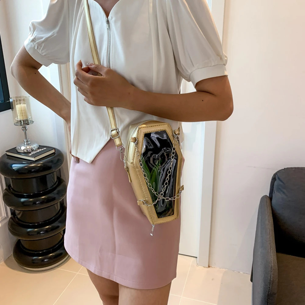 Women Crossbody Bag Coffin Shape PVC PU Shoulder Bag Gothic Underarm Bag Transparent Phone Bag Make Up Cosmetic Bag Halloween 240823