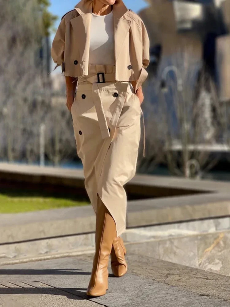 Fashion Two Piece Sets Outfits Office Lady Tracksuit Street Wear Cargo Set Long Sleeve Jacket and Wrap High Split Skirts Suit 240822