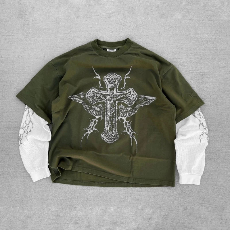 Goth Printed Long Sleeve Graphic Clothing Street Haruku Hip Hop Mens T Shirts Loose Casual Men Clothes Tops 240823