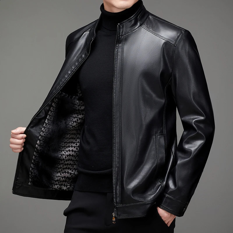 - Mens Business Gentleman British Windproof Casual Fashion Stand Collar Sheepskin Plus Size Biker Jacket Leather Jacket 240822