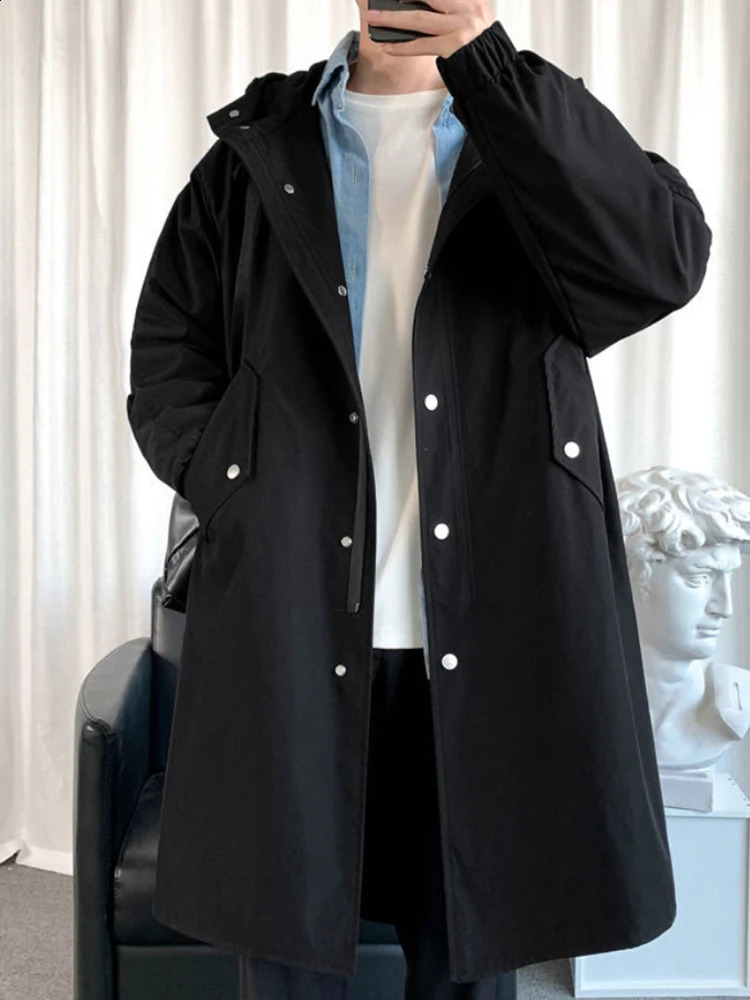 Mafokuwz Autumn Winter Windbreaker Men Long Safari Windbreaker Korean Trend Oversize Casual Coat Trendy Handsome Hooded Jacket 240822