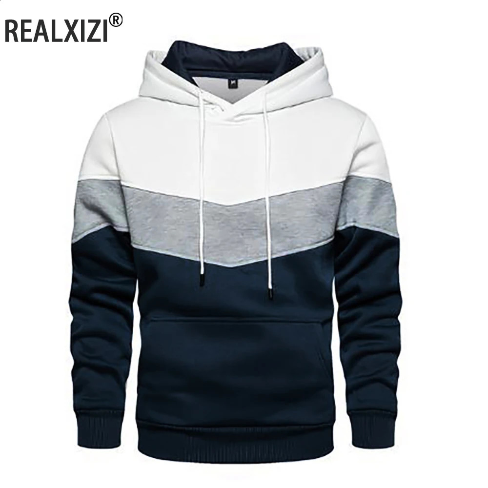 Mens hooded sweatshirt patch work outdoor sportswear street fashion mens wool pocket autumn and winter tricolor 240822
