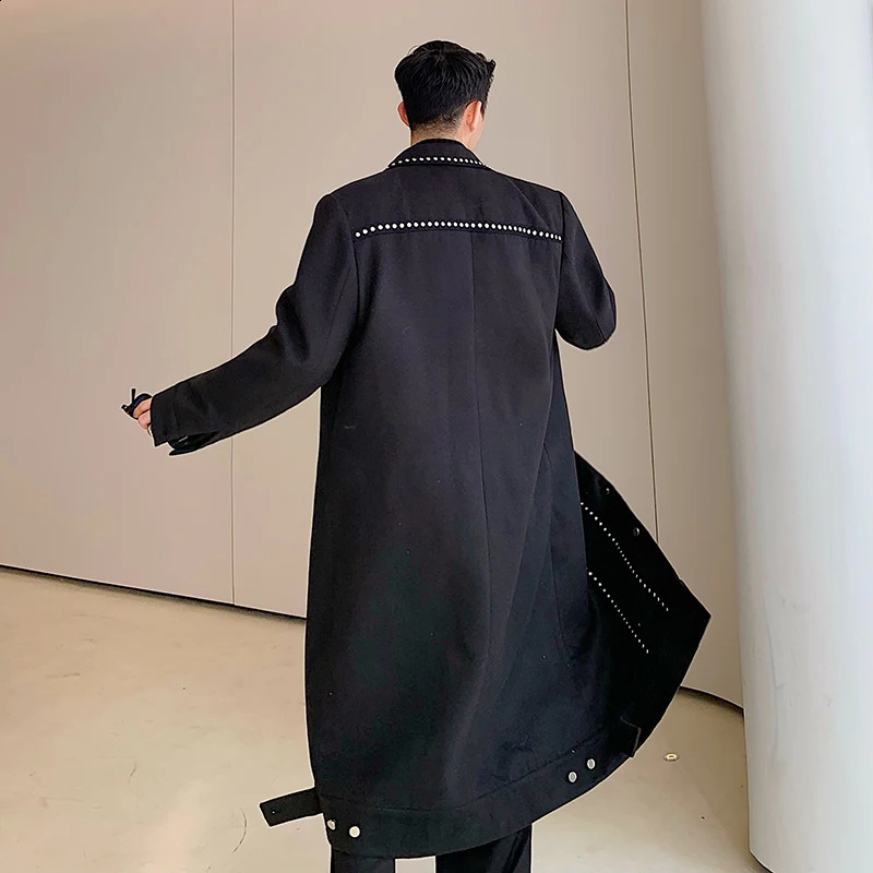 Trenchcoat Men Rivet Woolen Single-breasted Long Trench Coat Man Streetwear Vintage Punk Gothic Motorcycle Jacket Outerwear 240822