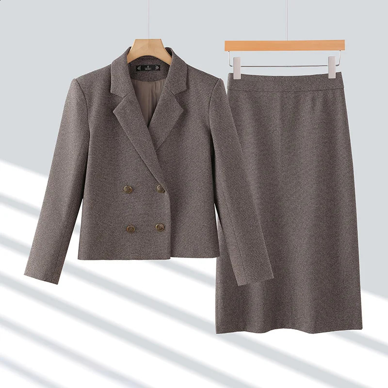 Autumn Winter Suit Womens Clothing Brown Gray Double Breasted Blazer Jacket And High Waist Long Skirt Two Pieces Sets 240823