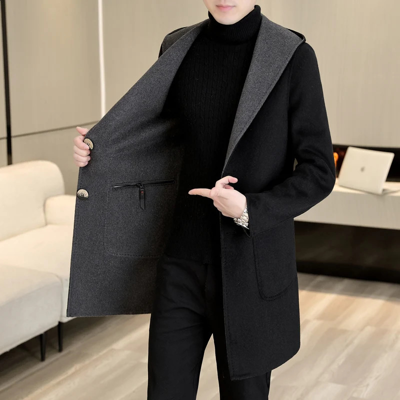 Business Casual Mens Solid Hooded Woolen Coats Autumn Winter Loose Wool Overcoat Outwear Mid-Length Windbreaker Top Jacket 240822