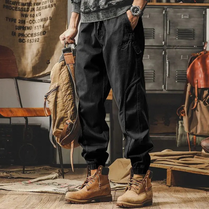 Spring and autumn solid color elastic waist handle pocket mens casual loose trend leggings commodity pants 240823