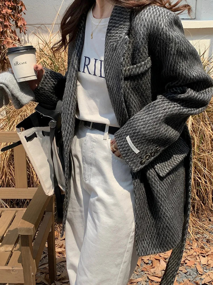 Handmade High End Alpaca Short Wool Coats Women Fall And Winter Korean Style Lace Up Loose Pineapple Plaid Woolen Jackets 240822