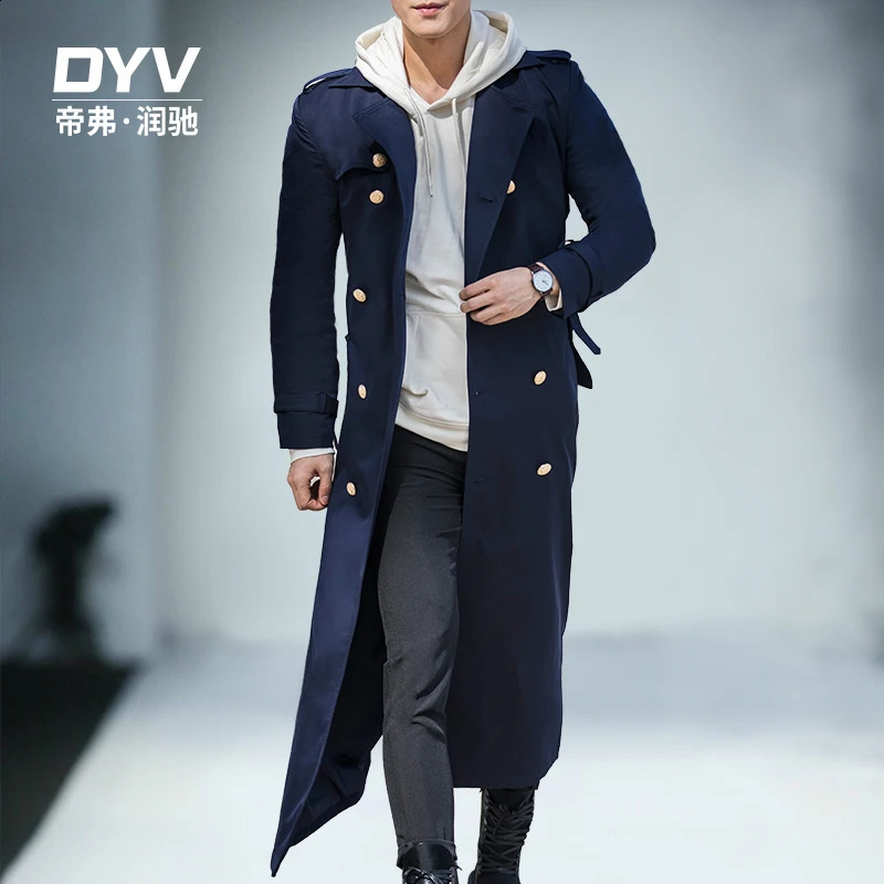 Spring Autumn Mens Trench Smart Casual Coat Double Breasted British Style Navy Windbreaker Outwear DR1157 240822