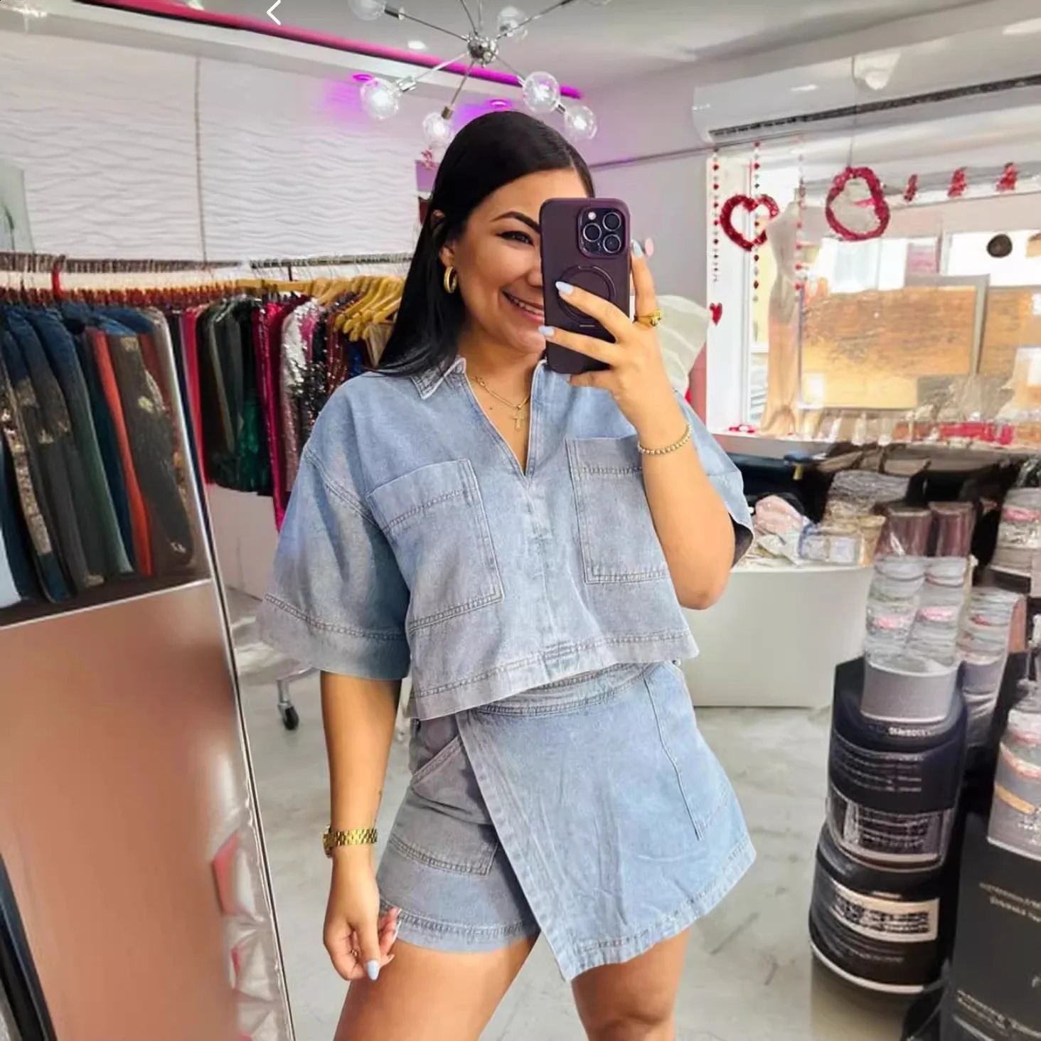 Two Piece Sets Women Cow Outfits Casual Shirt Polo Neck Pockets Spliced Shorts Skirt Irregular Suits Summer Female Ensemble 240823