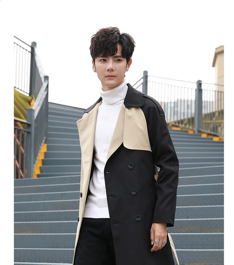 Autumn Windbreaker Fashion Double Breasted Long Jacket For Men Streetwear Contrast Stitching Male Abrigo Hombre Trench Coat Men 240822
