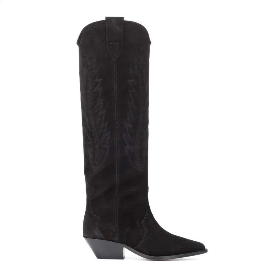 MStacchi Womens High Boots Nude Black Suede Embroidered Knee High Boots Womens Sexy Point Toe Spike Kitten High Heels Knight Boots 240823
