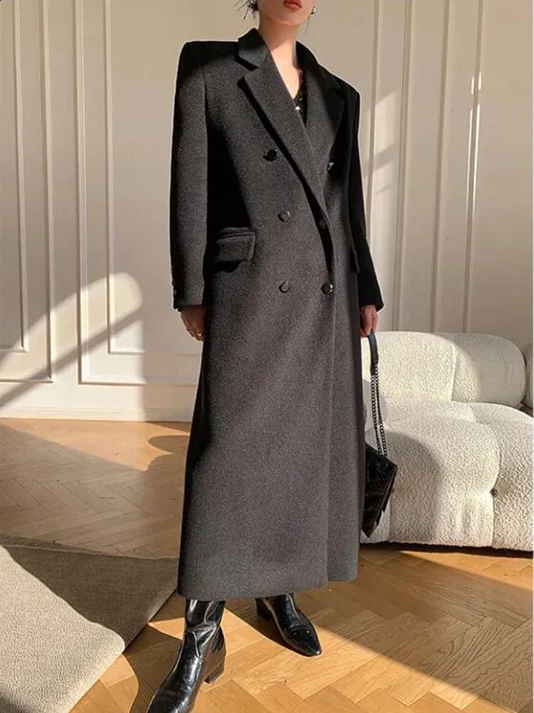 Long Wool Coat Women Elegant Woolen Blazer Jackets Vintage Korean Slim Suit Overcoat Winter Office Lady Casual Outwear 240822