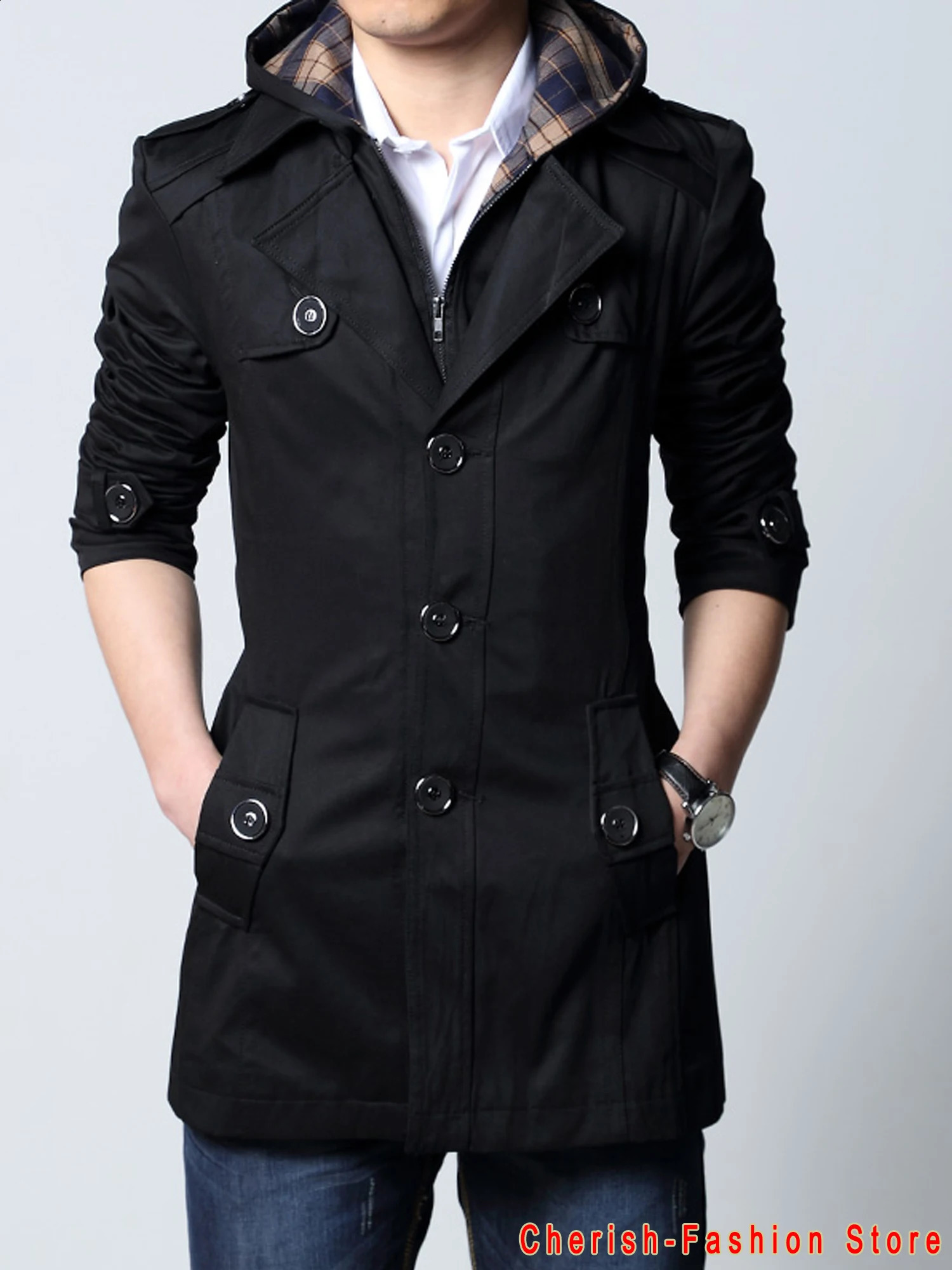 Mens Windbreaker Jacket Vintage Black Khaki Spring Autumn Business Trench Male Double Breasted Retro Classic Long Coat Thick 240822