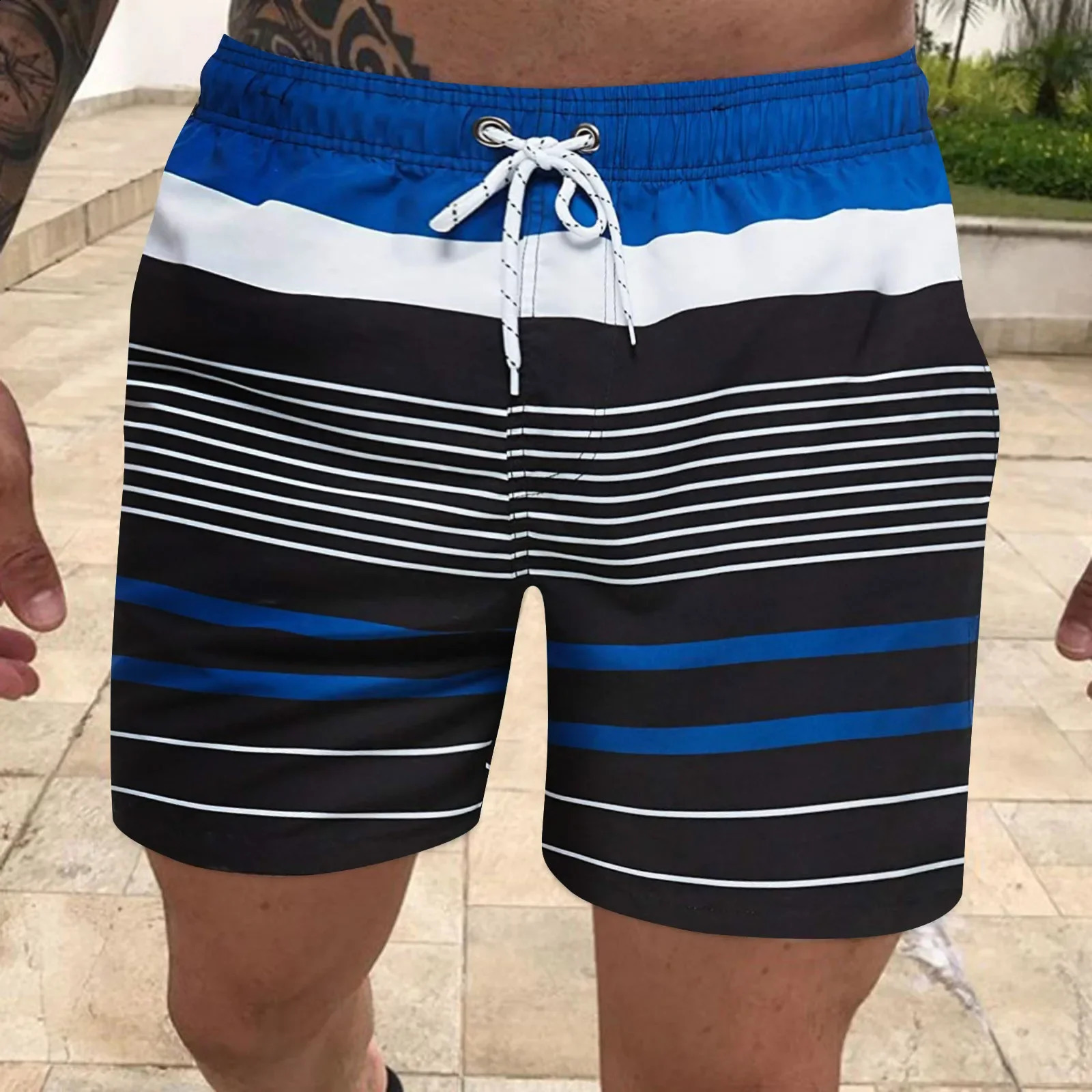 Mens board shorts Fashion striped print color contrast Swim Classic drawstring swim Summer surf suit y240830