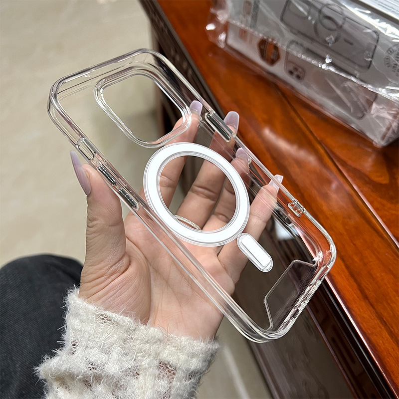 Space Clear Acrylic Magnetic For Magsafe Wireless Charging Cases Rugged Hybrid With Silver Button Shockproof For iPhone 17 16e 16 15 14 13 12 11 Pro M