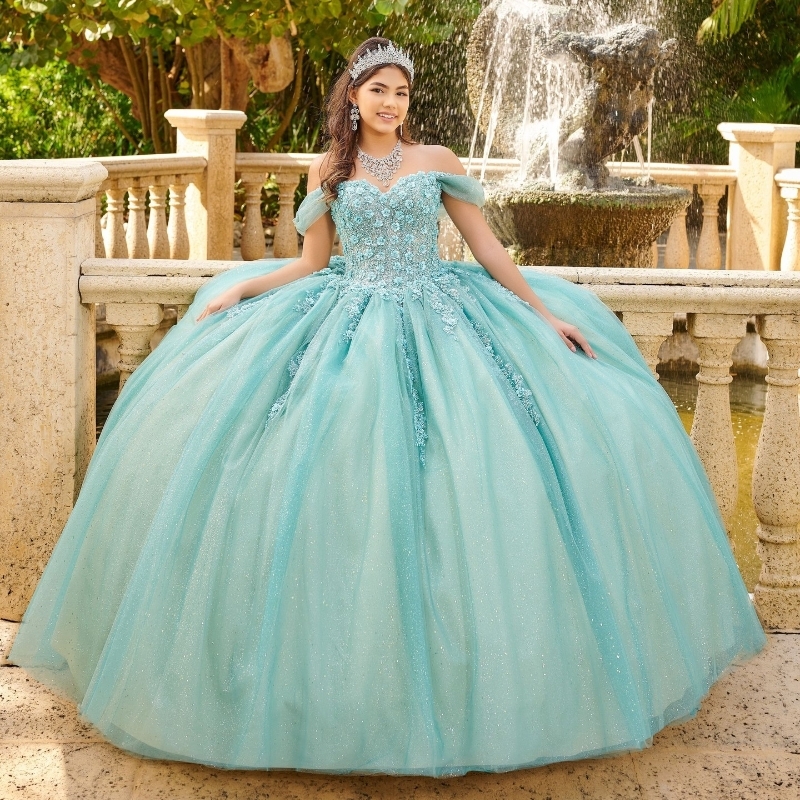 Mexico Water Blue Sweetheart Ball Gown Quinceanera Dresses Beaded Crystal Appliques Birthday Party Dress Robe Sweet 16 Vestidos De 15 Anos