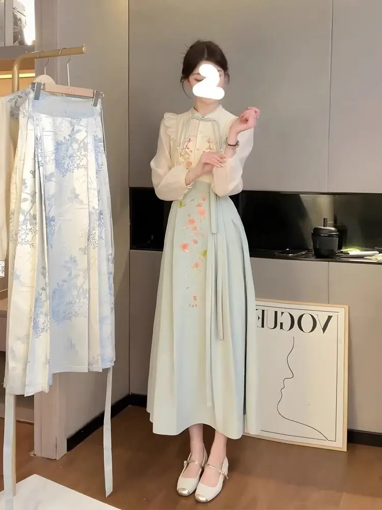 Chinese Style Improved Hanfu Women Horse Face Skirt Set Long Sleeve Blouses High Waist Skirt Two Piece Sets Women Outfits 240823