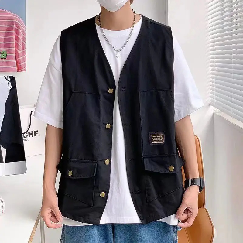Summer Retro Loose and Thin Japanese Multi Pocket Workwear Sleeveless Vest Men 240822
