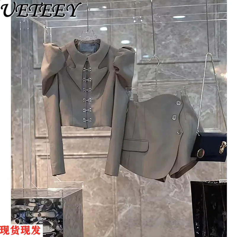 Fall Solid Slim Fit Skirt Set Women Fashion Bubble Long Sleeve Blazer Top Womens Irregular Mini Skirt Two-Piece Sets 240823