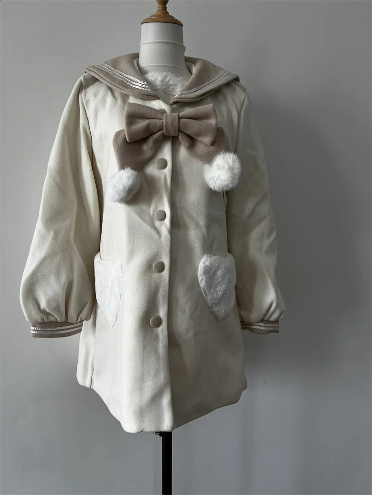 Womens Coats Contrast Sailor Collar Bow Single Breasted Heart Pocket Sweet Age Reduction Versatile Woolen Coat Ladies Clothing 240822