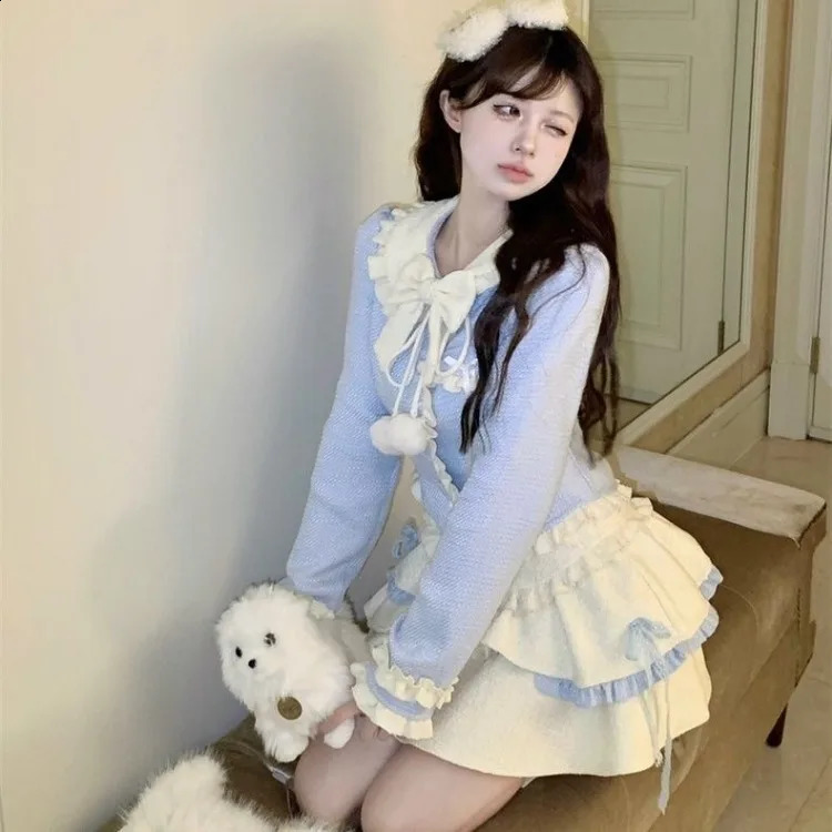 Sweet Cute Bow Peter Pan Collar Long Sleeve Tops Women Y2k High Waist Ruched Skirts Spring Autumn Two Piece Sets 240823
