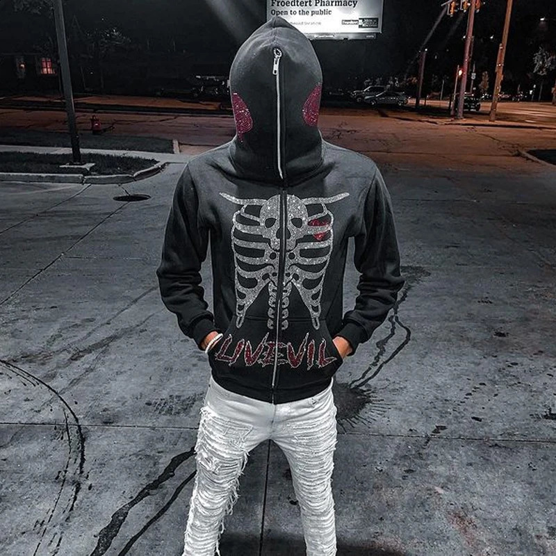 Y2k Men Emo Streetwear Hoodie Zip Up Sweatshirts Fairy Grunge Pullover Oversized Diamond skull Goth Jacket Tops Hoodies Clothes 240823