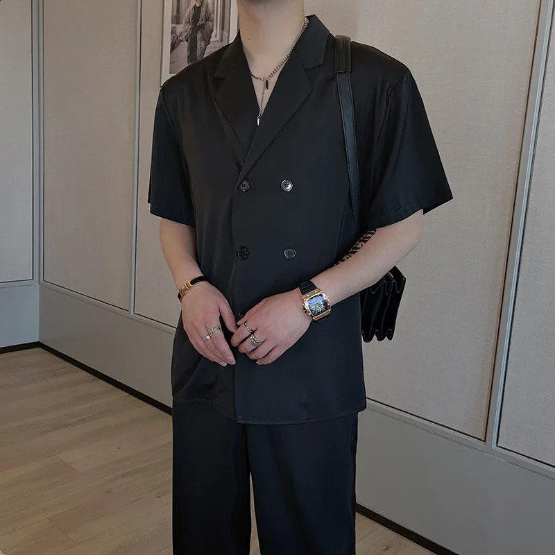 Summer Sets Men Fashion Double Breasted Short Sleeve Shirt/Trousers Two Piece Set Men Korean Loose Ice Silk Sets Mens Formal Set 240822